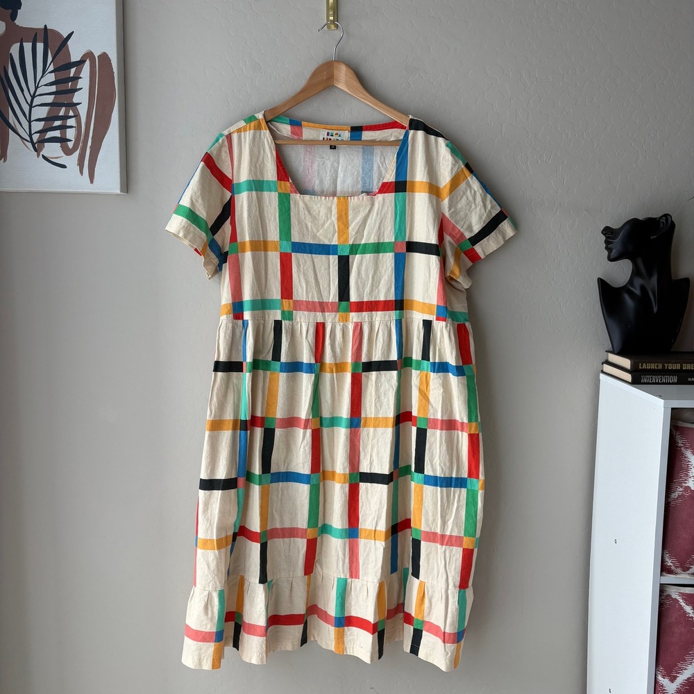 Ersa Fibers Dress Billie Chunky Windowpane Cream Grid Midi Dress Size 2X - Picture 2 of 8